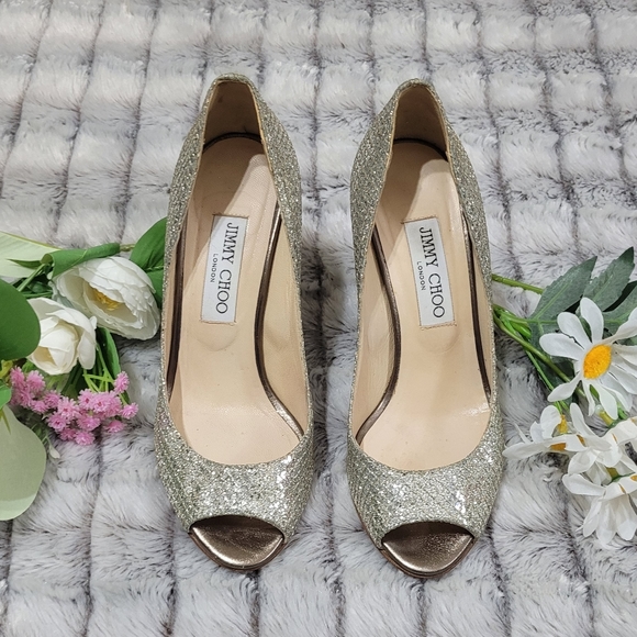 Jimmy Choo Shoes - Free gift  w Jimmy Choo Open Toe Gold Glitter Baxen  Wedges... EUC..Size 6